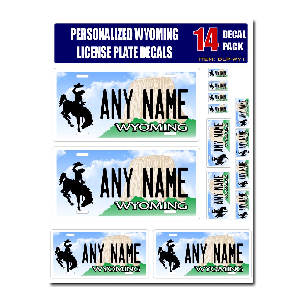 Personalized Wyoming License Plate Decals - Stickers Version 1 ( Sheet of 14 Stickers )