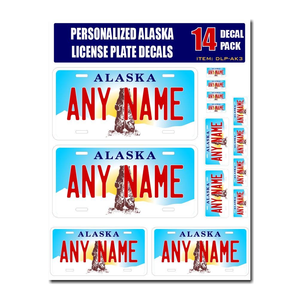 Personalized Alaska License Plate Decals - Stickers Version 3 ( Sheet of 14 Stickers )