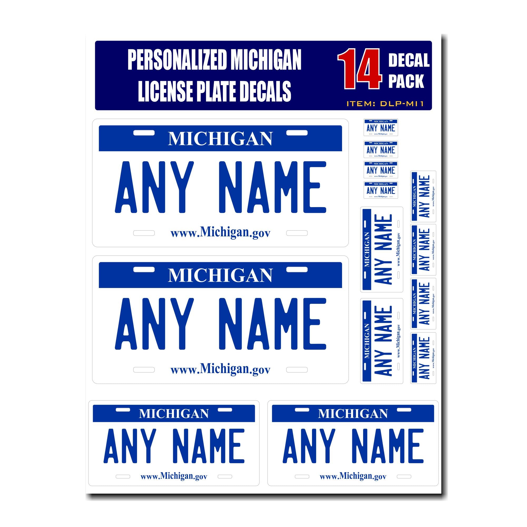 Personalized Michigan License Plate Decals - Stickers Version 1 ( Sheet of 14 Stickers )