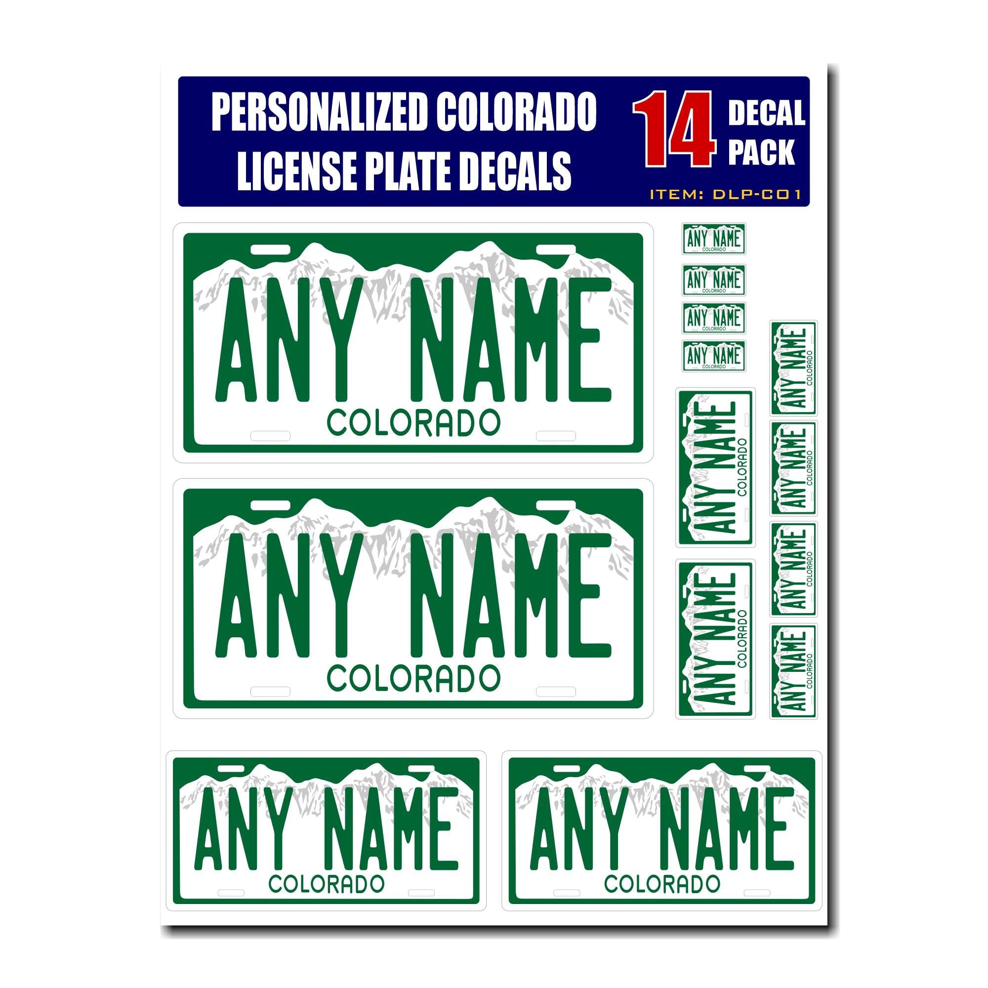 Personalized Colorado License Plate Decals - Stickers Version 1 ( Sheet of 14 Stickers )