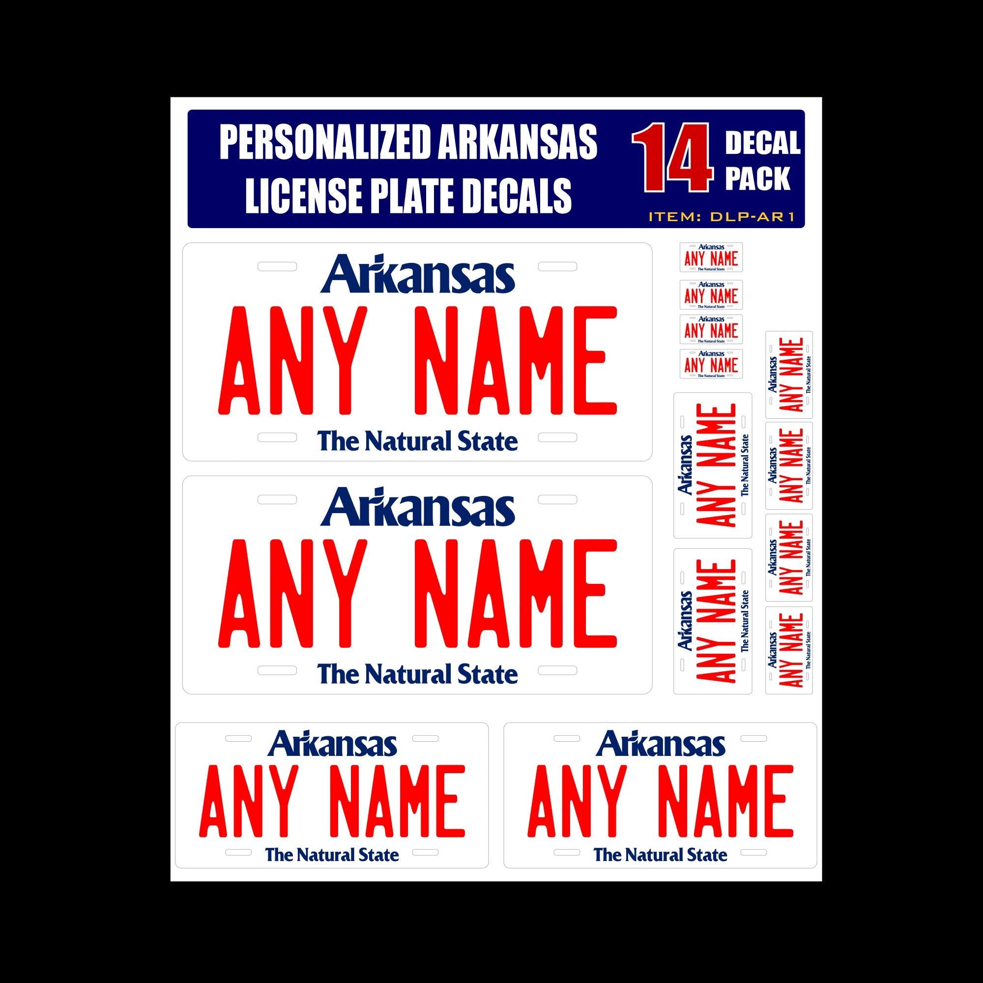 Personalized Arkansas License Plate Decals - Stickers Version 1 ( Sheet of 14 Stickers )