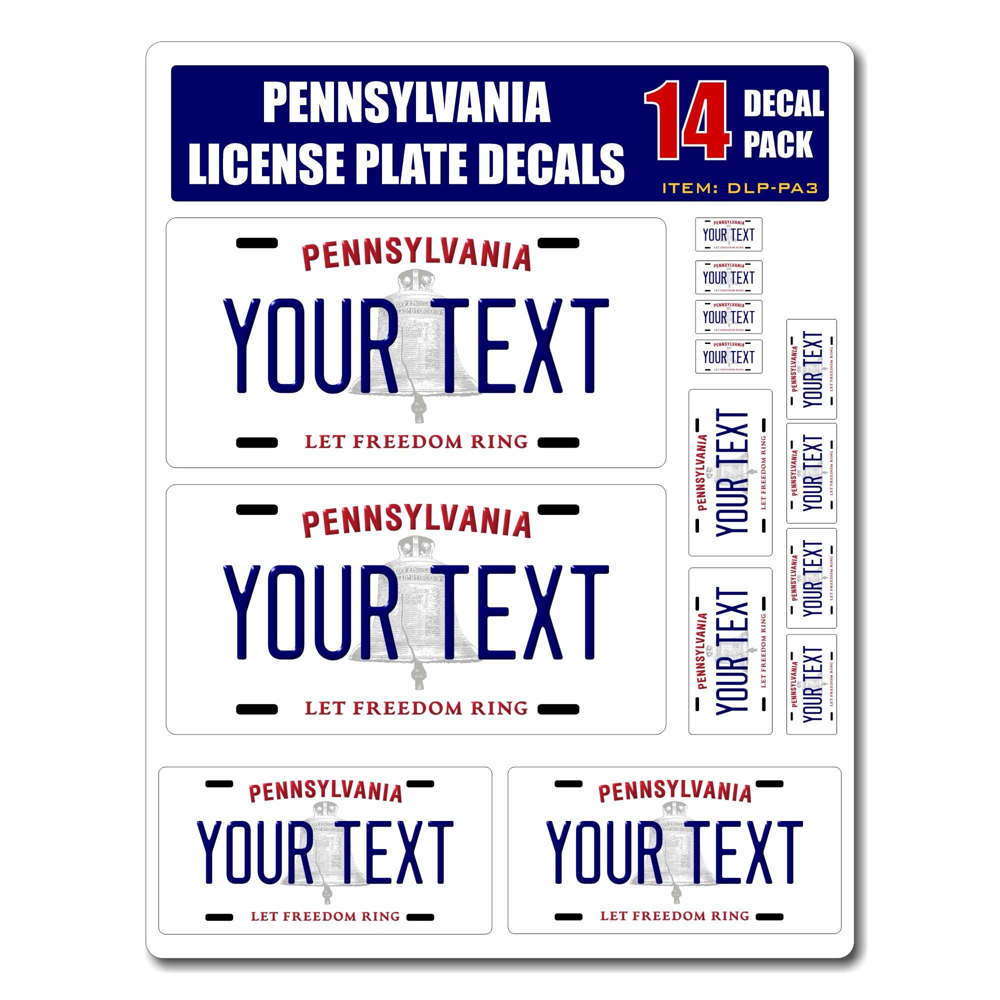 Personalized Pennsylvania License Plate Decals - Stickers Version 3 ( Sheet of 14 Stickers )