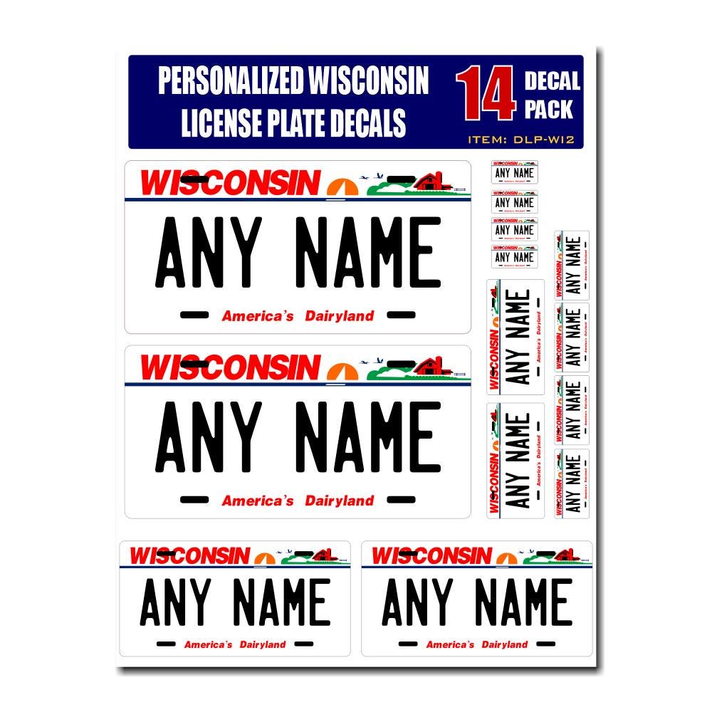 Personalized Wisconsin License Plate Decals - Stickers Version 2 ( Sheet of 14 Stickers )