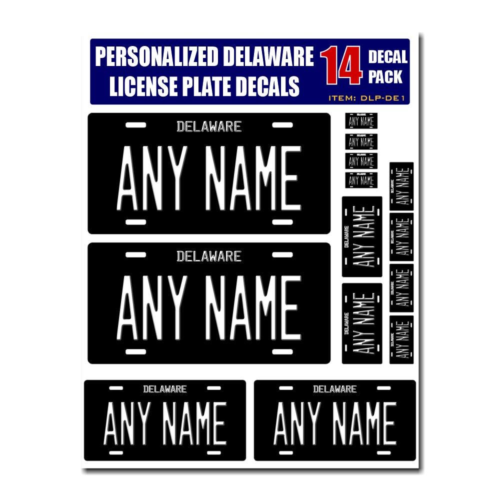 Personalized Delaware License Plate Decals - Stickers Version 2 ( Sheet of 14 Stickers )