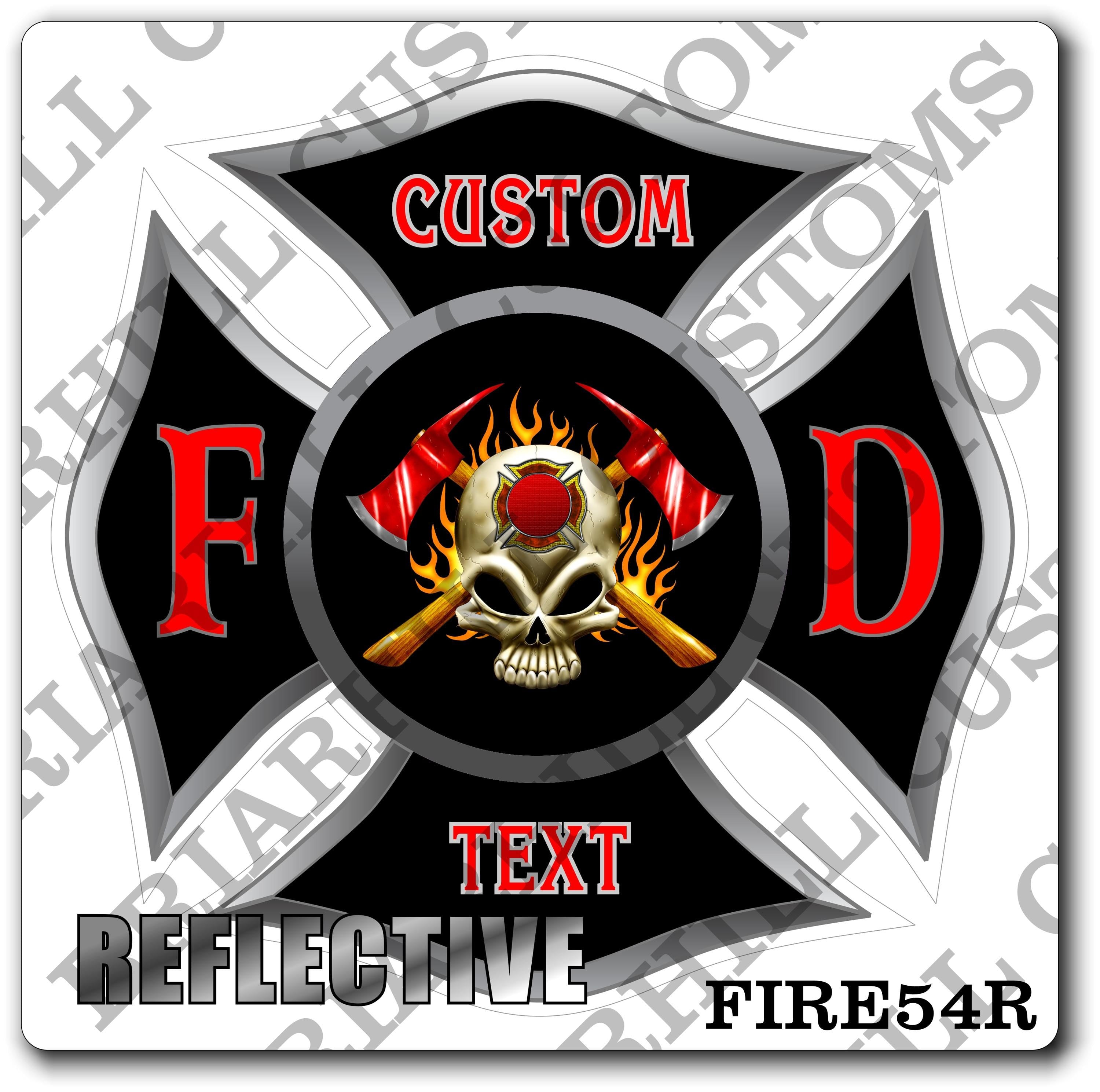 Custom Reflective Fire Department Black Maltese with Skull and Axes Decal, Sticker (FireDecal54R)
