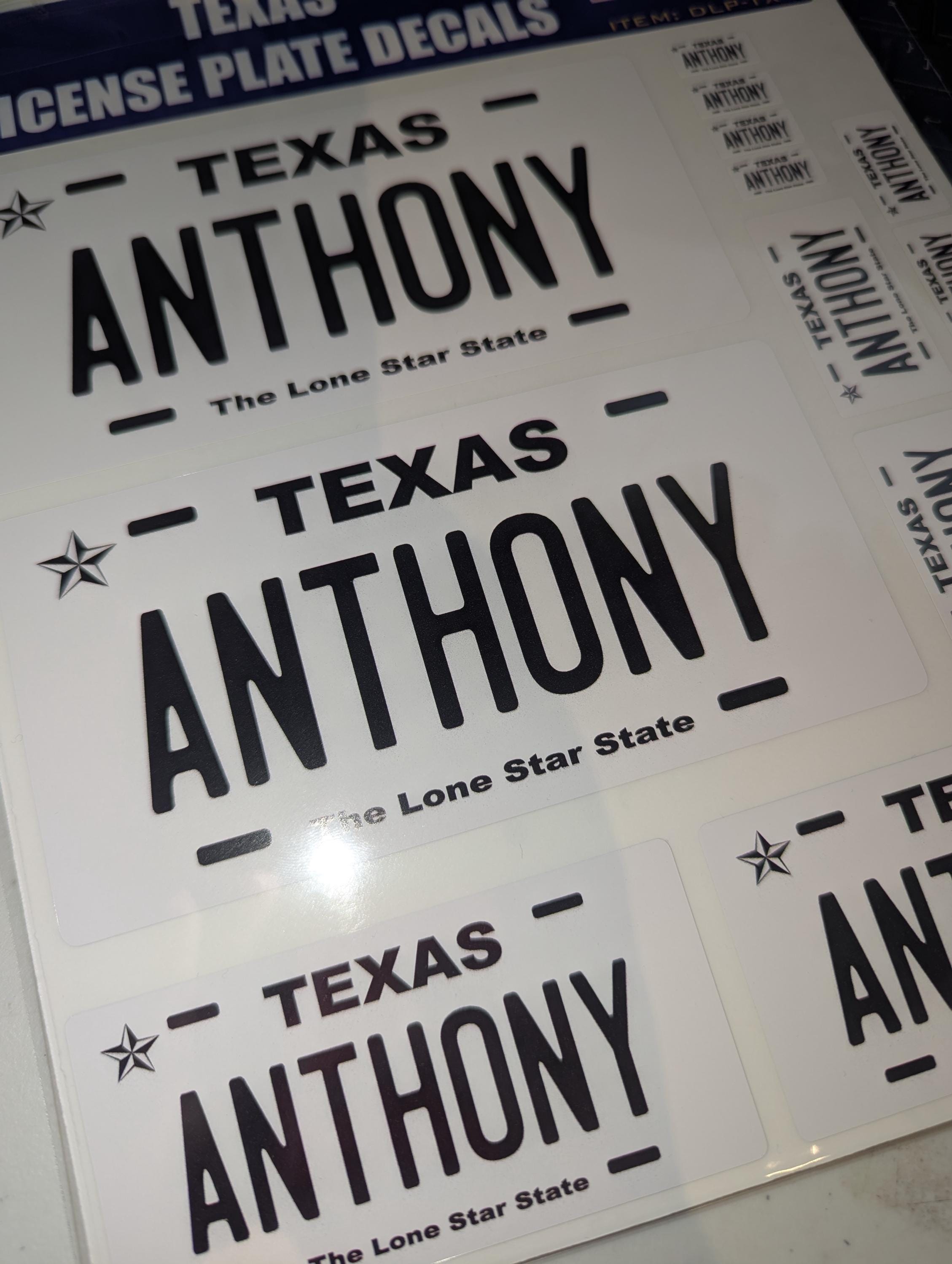 Personalized Texas License Plate Decals - Stickers Version 4 ( Sheet of 14 Stickers )