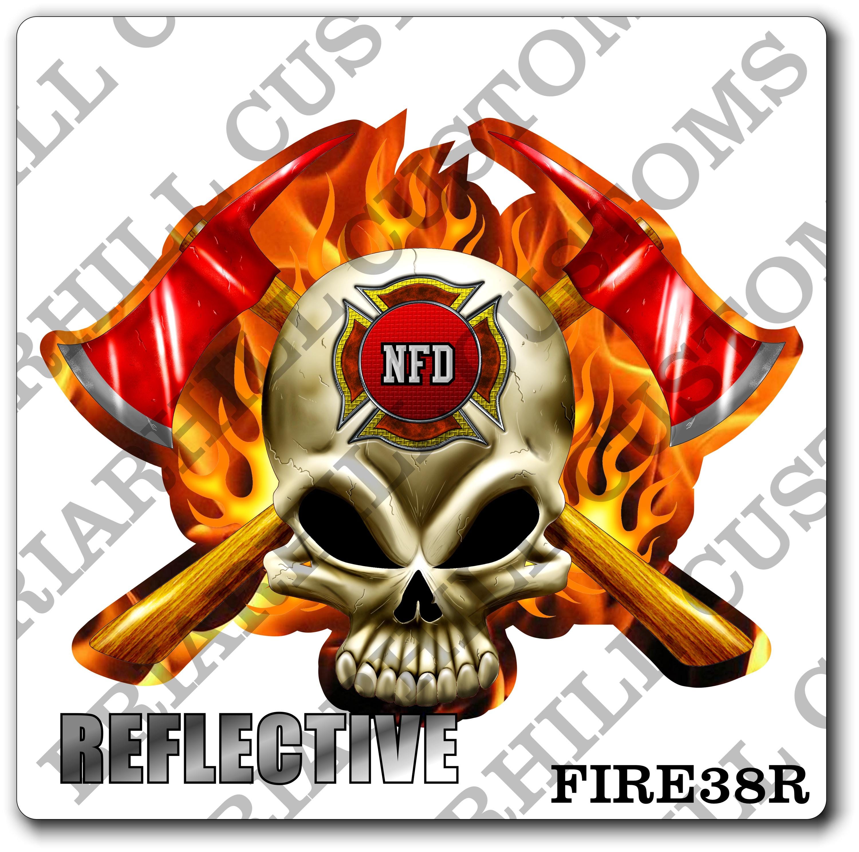 Custom Reflective Fire Department Skull & Axes Decal, Sticker With Flames (FireDecal38R)
