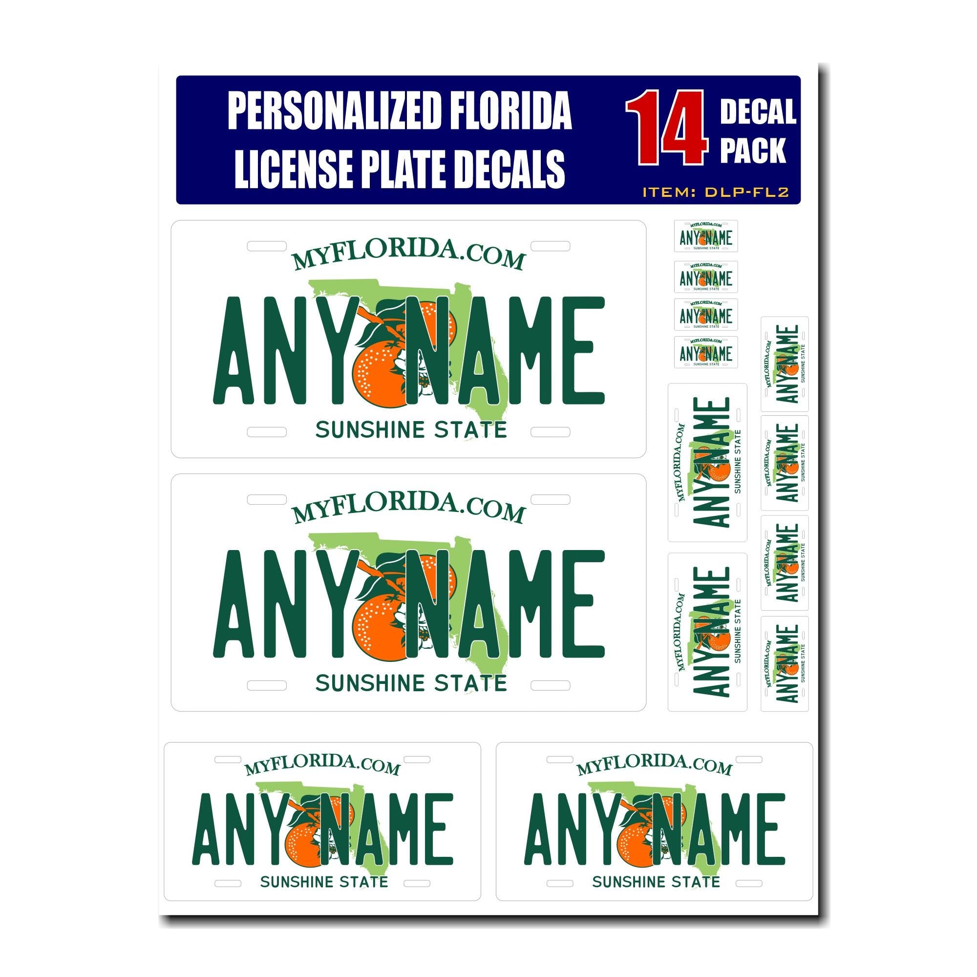 Personalized Florida License Plate Decals - Stickers Version 2 ( Sheet of 14 Stickers )