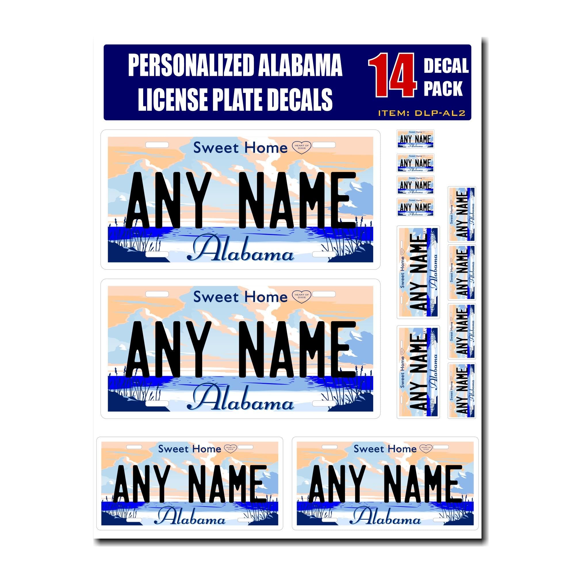 Personalized Alabama License Plate Decals - Stickers Version 2 ( Sheet of 14 Stickers )