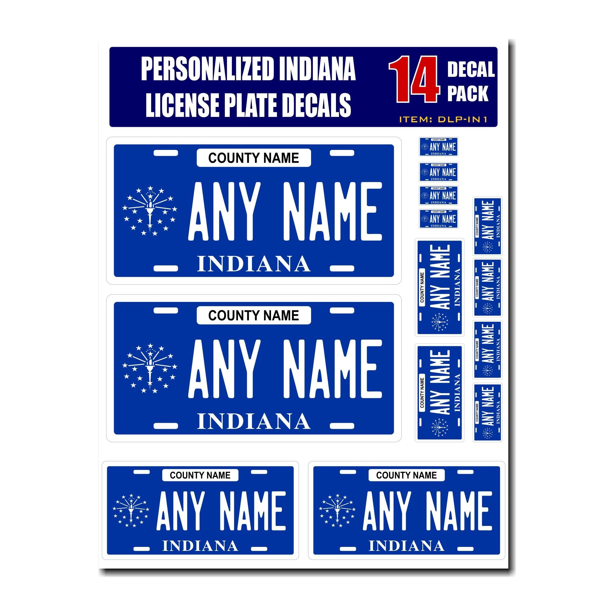 Personalized Indiana License Plate Decals - Stickers Version 1 ( Sheet of 14 Stickers )