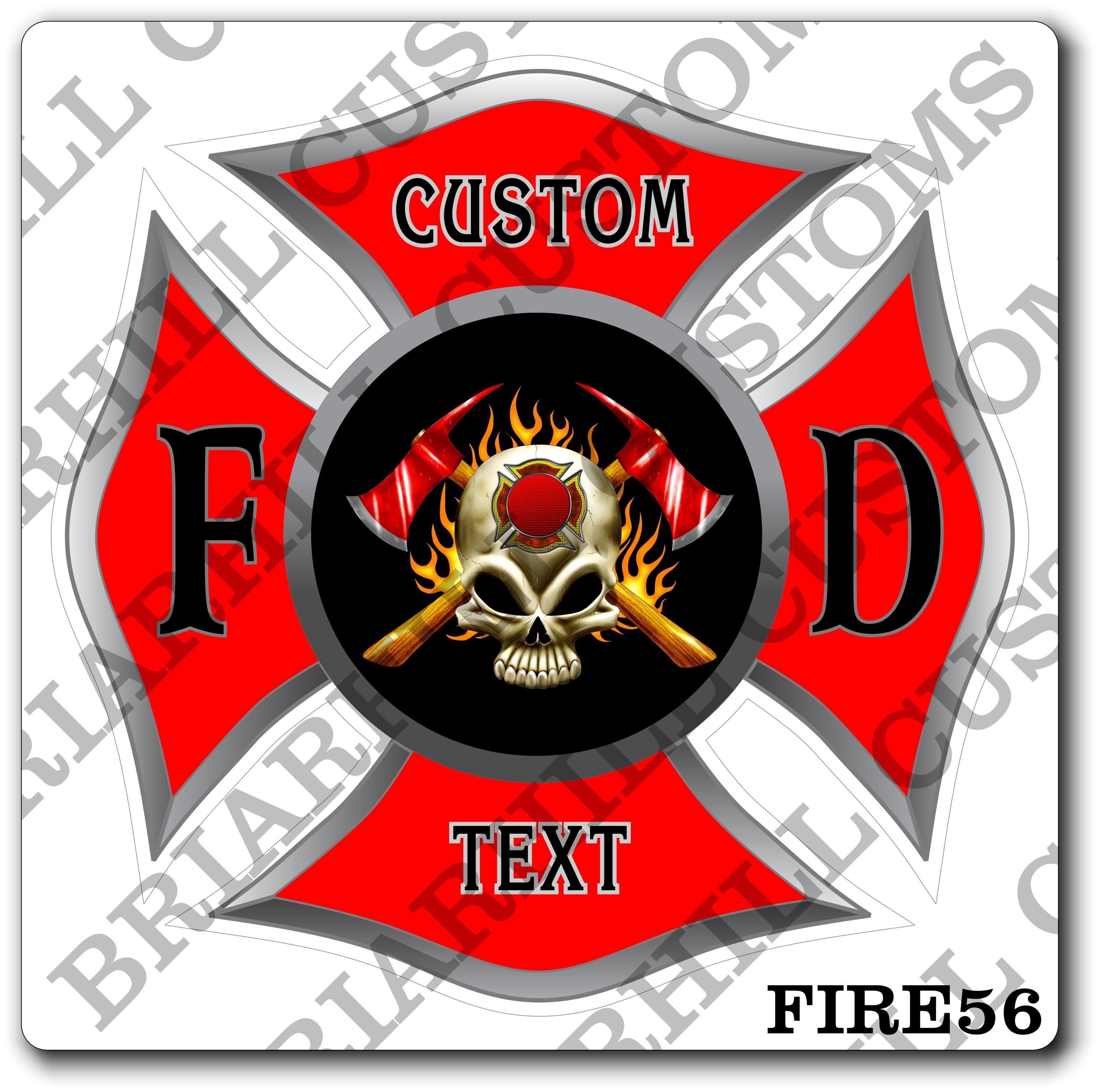 Custom Reflective Fire Department Red Maltese with Skull and Axes Decal, Sticker (FireDecal56R)