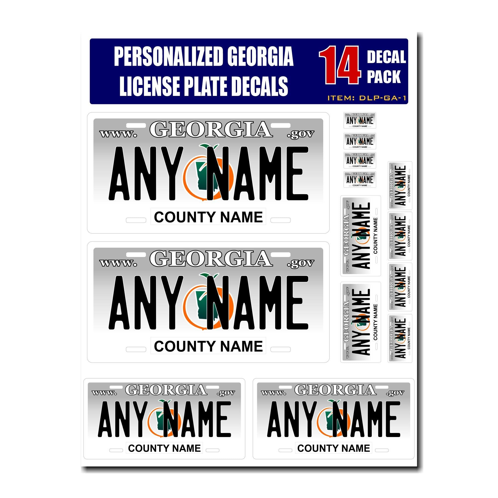 Personalized Georgia License Plate Decals - Stickers Version 1 ( Sheet of 14 Stickers )