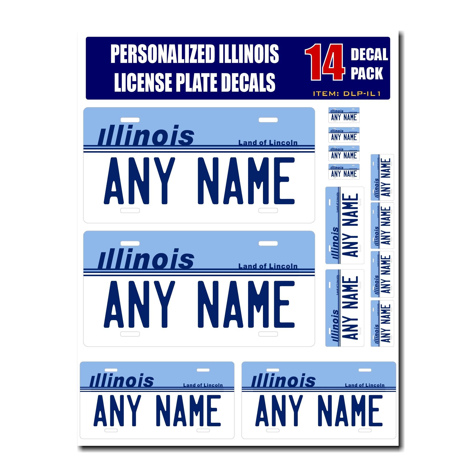Personalized Illinois License Plate Decals - Stickers Version 1 ( Sheet of 14 Stickers )