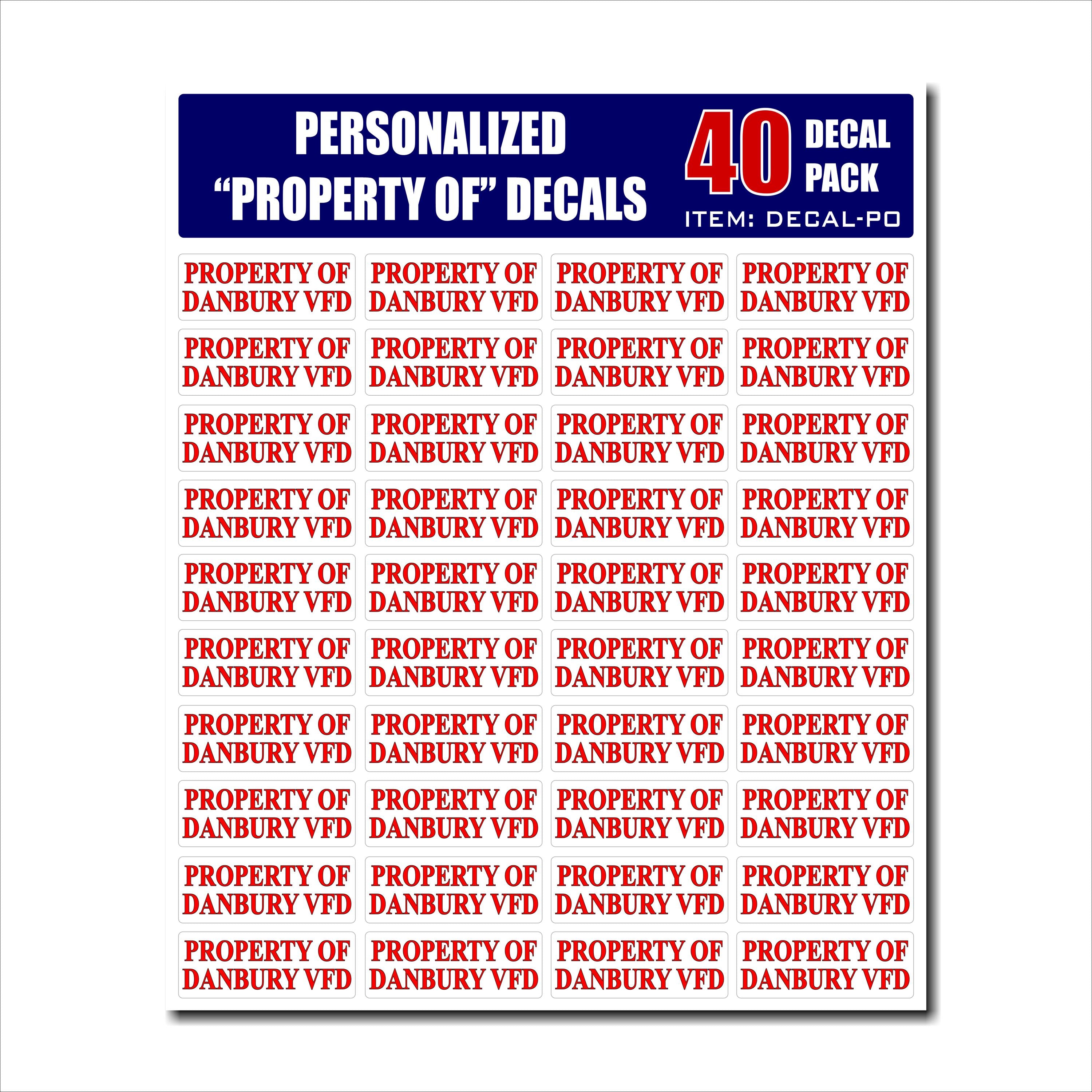 Personalized "Property Of" Decals / Stickers - Sheet of 40  (DECAL PO)