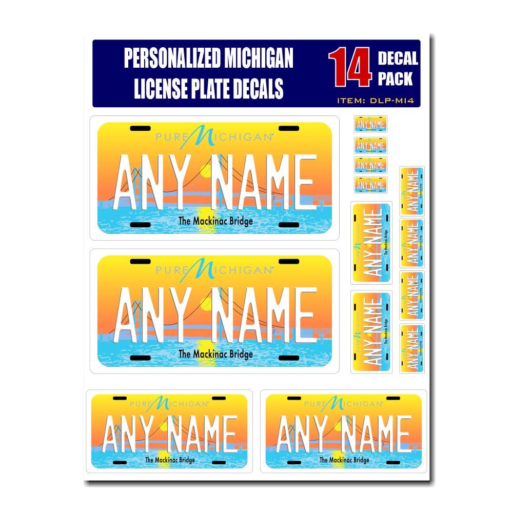 Personalized Michigan License Plate Decals - Stickers Version 4 ( Sheet of 14 Stickers )