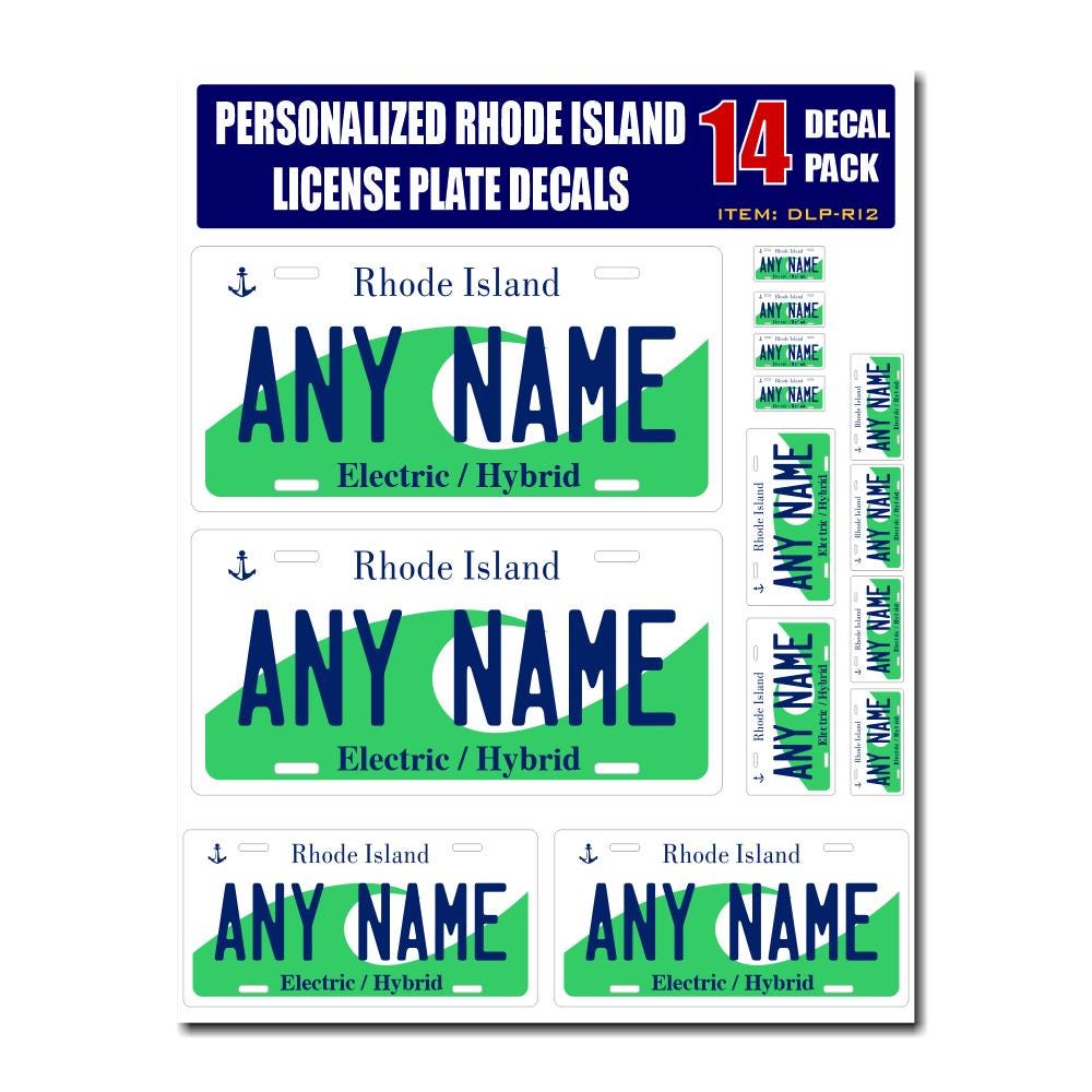 Personalized Rhode Island License Plate Decals - Stickers Version 2 ( Sheet of 14 Stickers )