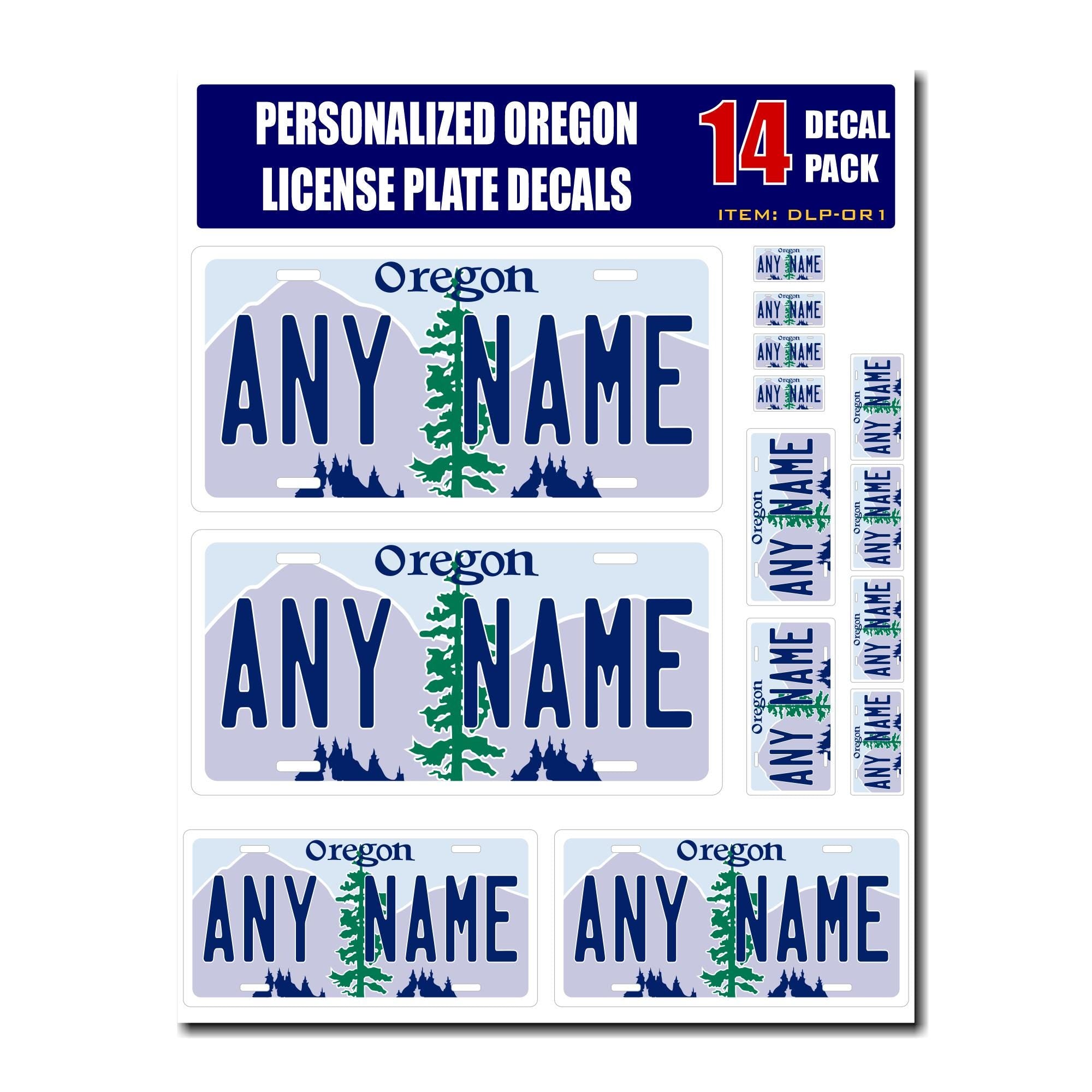 Personalized Oregon License Plate Decals - Stickers Version 1 ( Sheet of 14 Stickers )