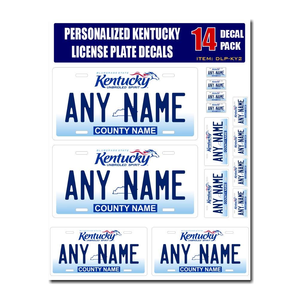Personalized Kentucky License Plate Decals - Stickers Version 2 ( Sheet of 14 Stickers )