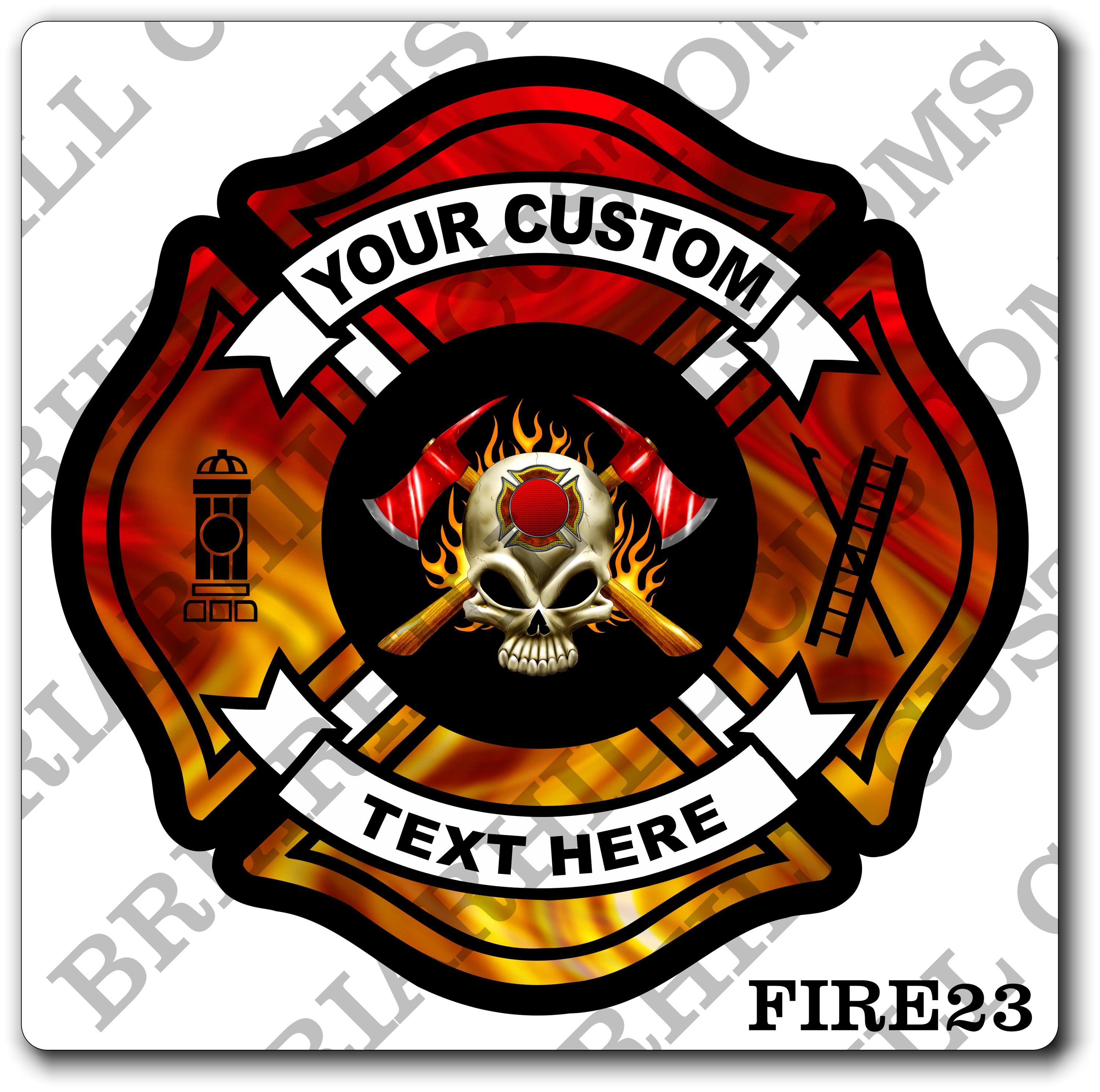 Custom Fire Department Flames Skull & Axes Maltese Decal, Sticker (FireDecal23)
