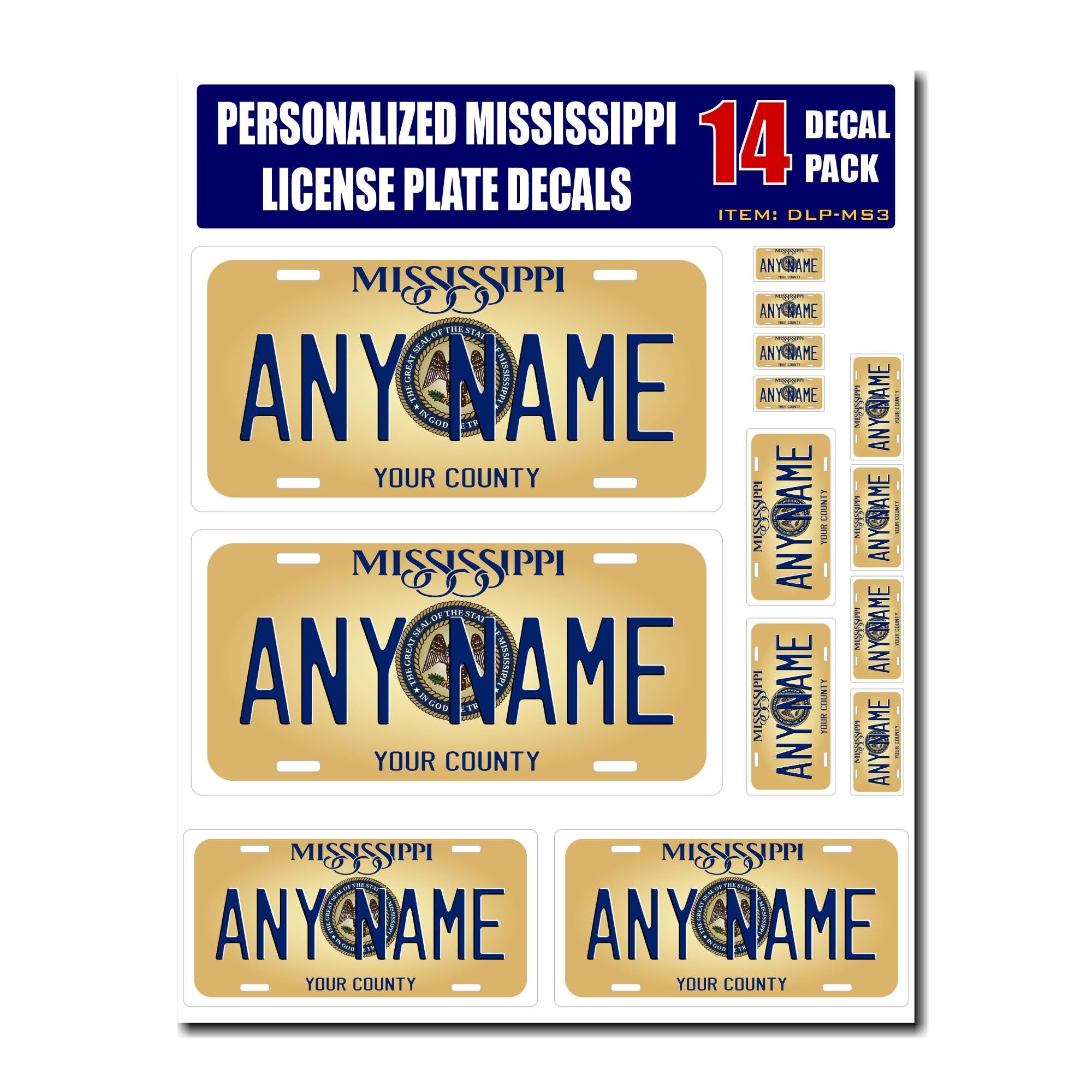 Personalized Mississippi License Plate Decals - Stickers Version 3 ( Sheet of 14 Stickers )