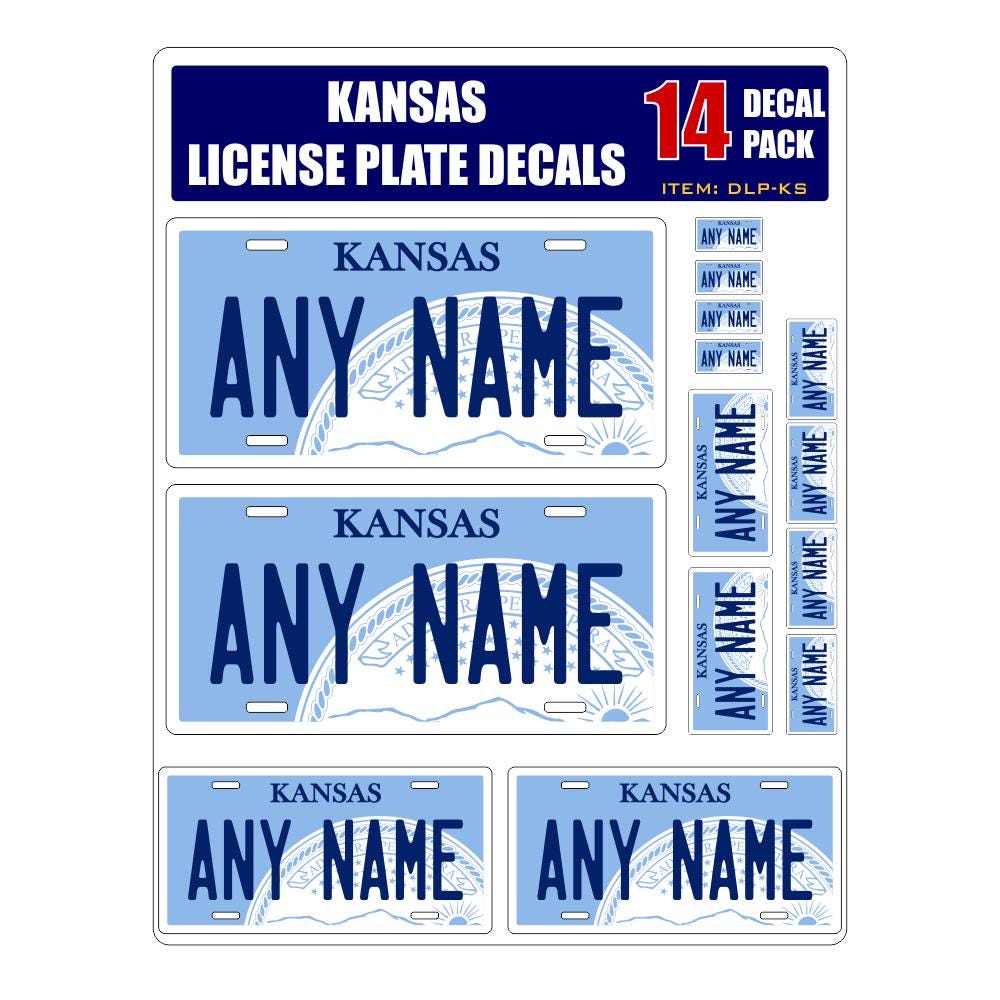 Personalized Kansas License Plate Decals - Stickers Version 1 ( Sheet of 14 Stickers )