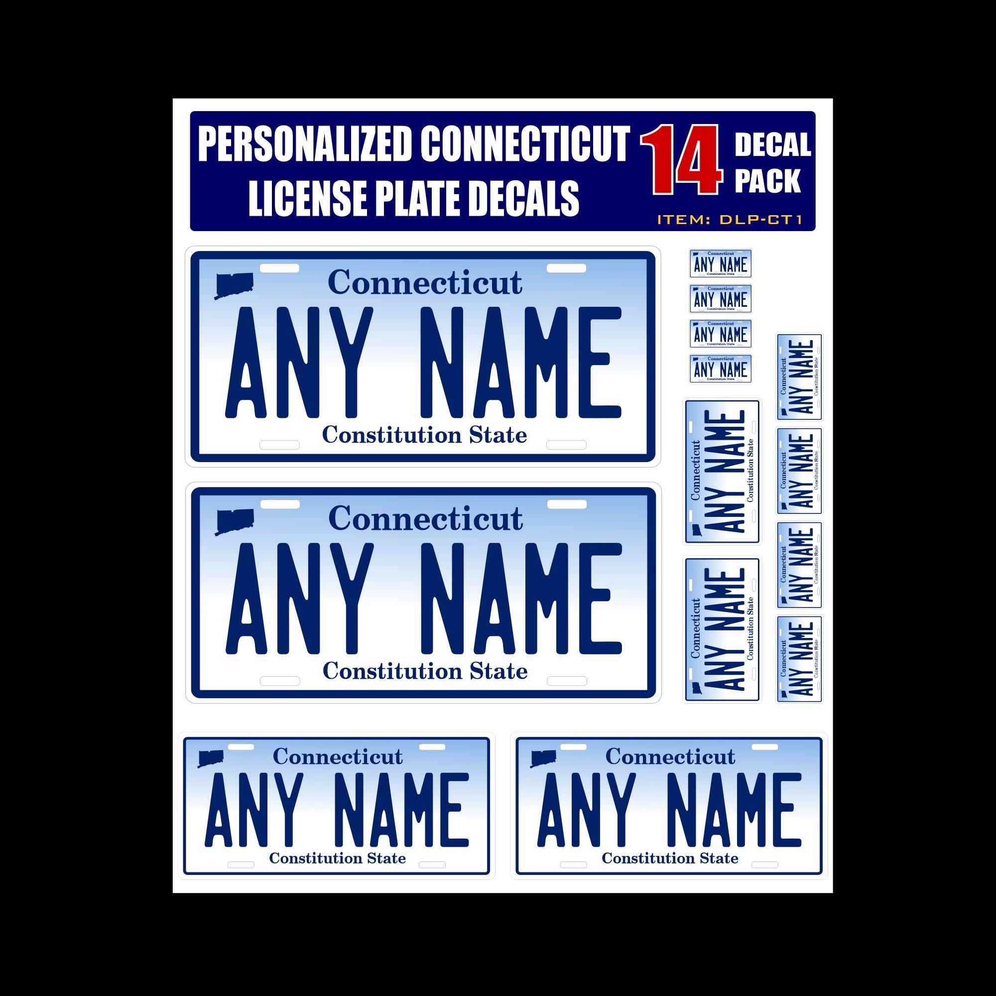 Personalized Connecticut License Plate Decals - Stickers Version 1 ( Sheet of 14 Stickers )