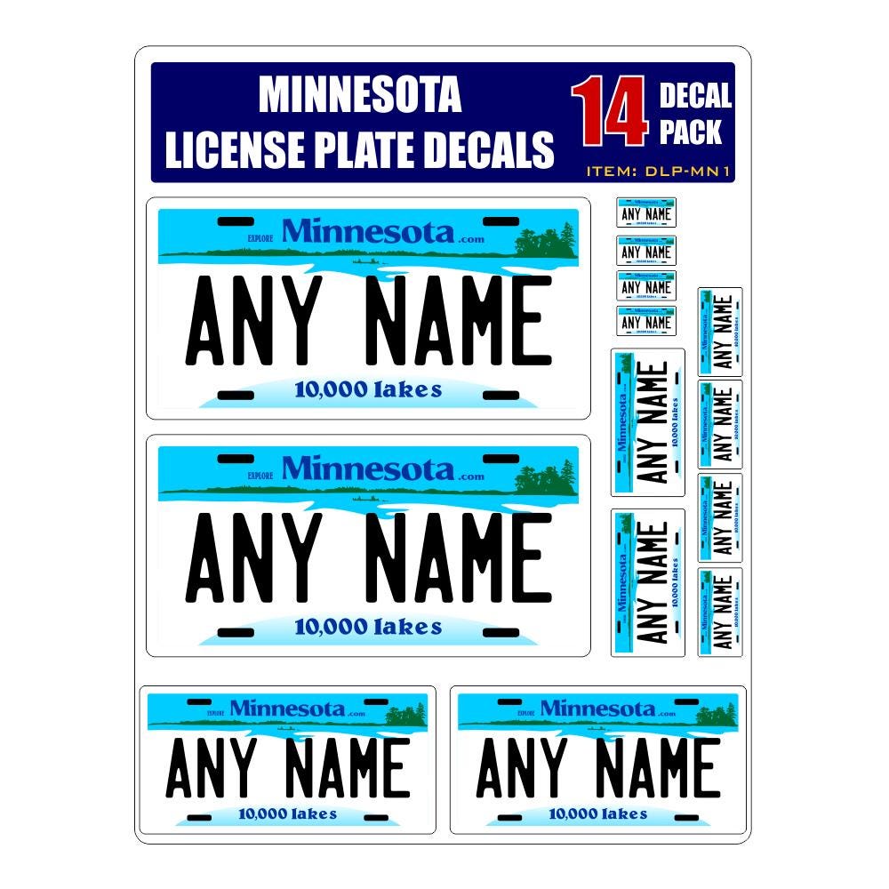 Personalized Minnesota License Plate Decals - Stickers Version 1 ( Sheet of 14 Stickers )