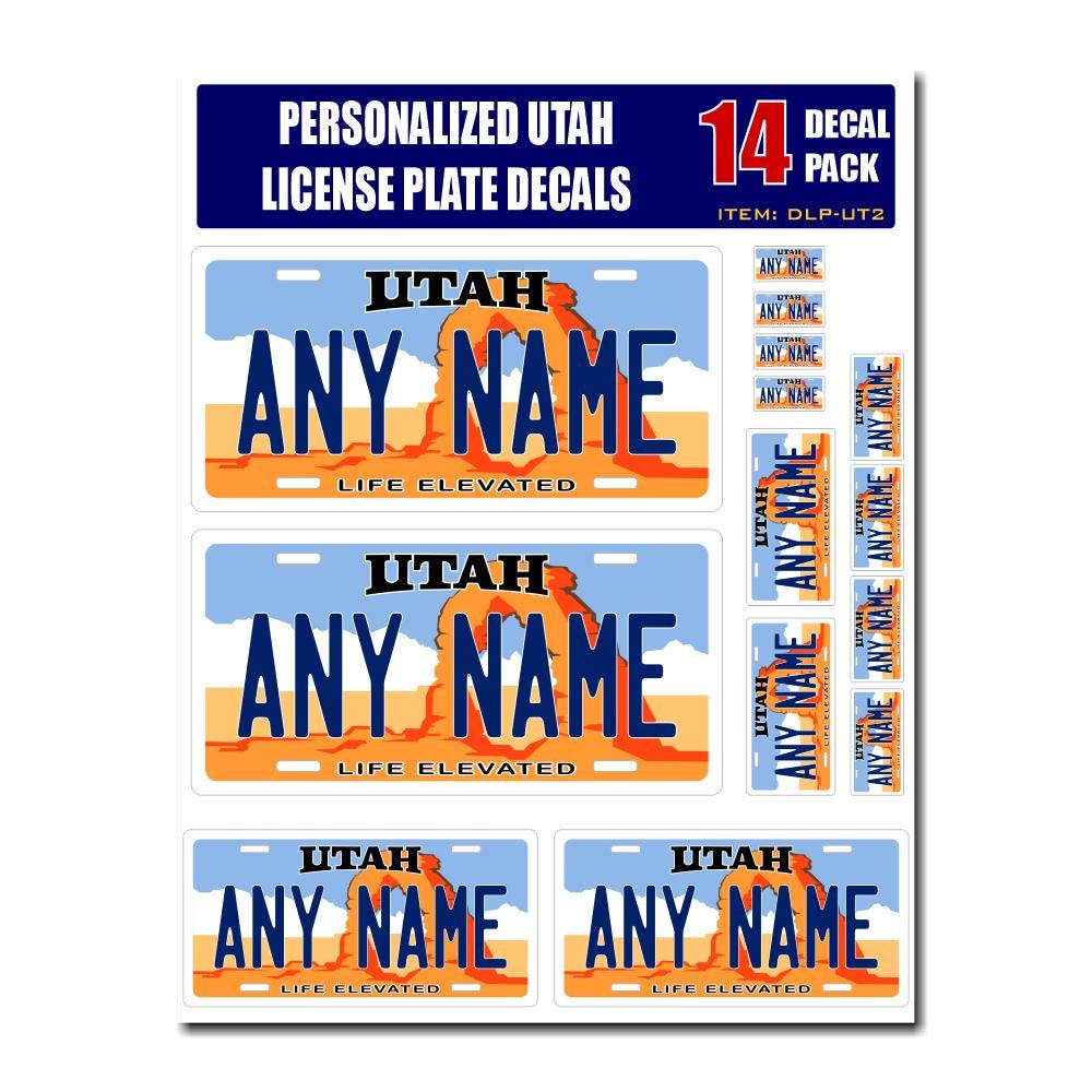 Personalized Utah License Plate Decals - Stickers Version 2 ( Sheet of 14 Stickers )
