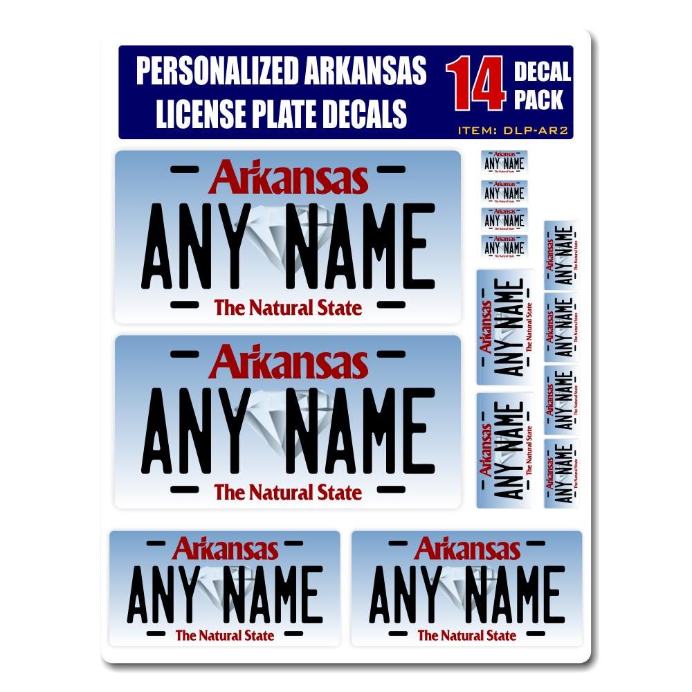 Personalized Arkansas License Plate Decals - Stickers Version 2 ( Sheet of 14 Stickers )