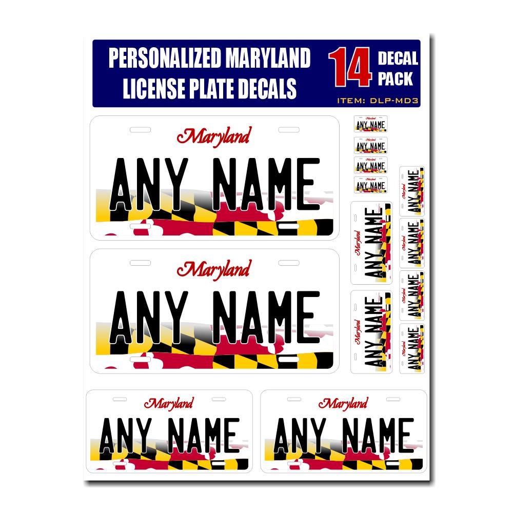 Personalized Maryland License Plate Decals - Stickers Version 3 ( Sheet of 14 Stickers )