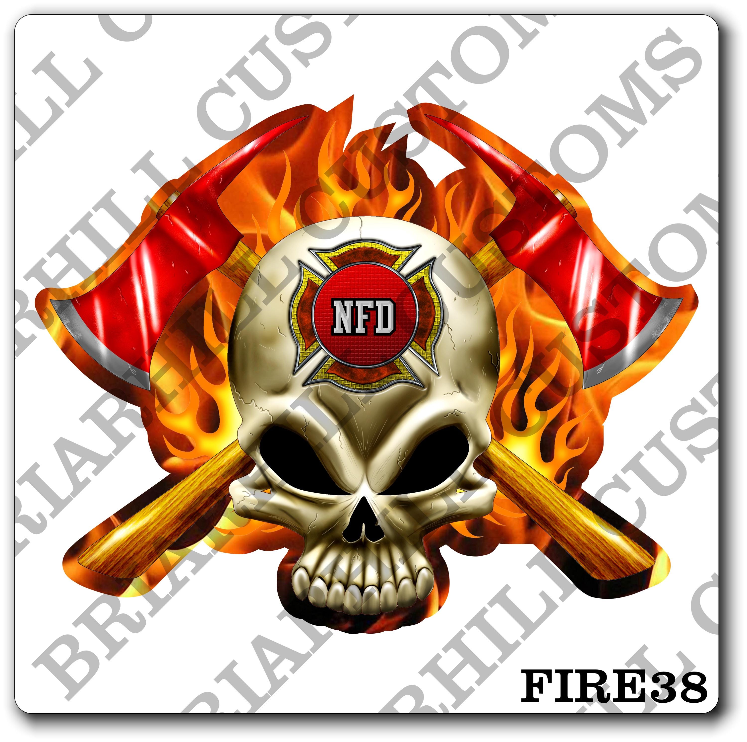 Custom Reflective Fire Department Skull & Axes Decal, Sticker With Flames (FireDecal38R)