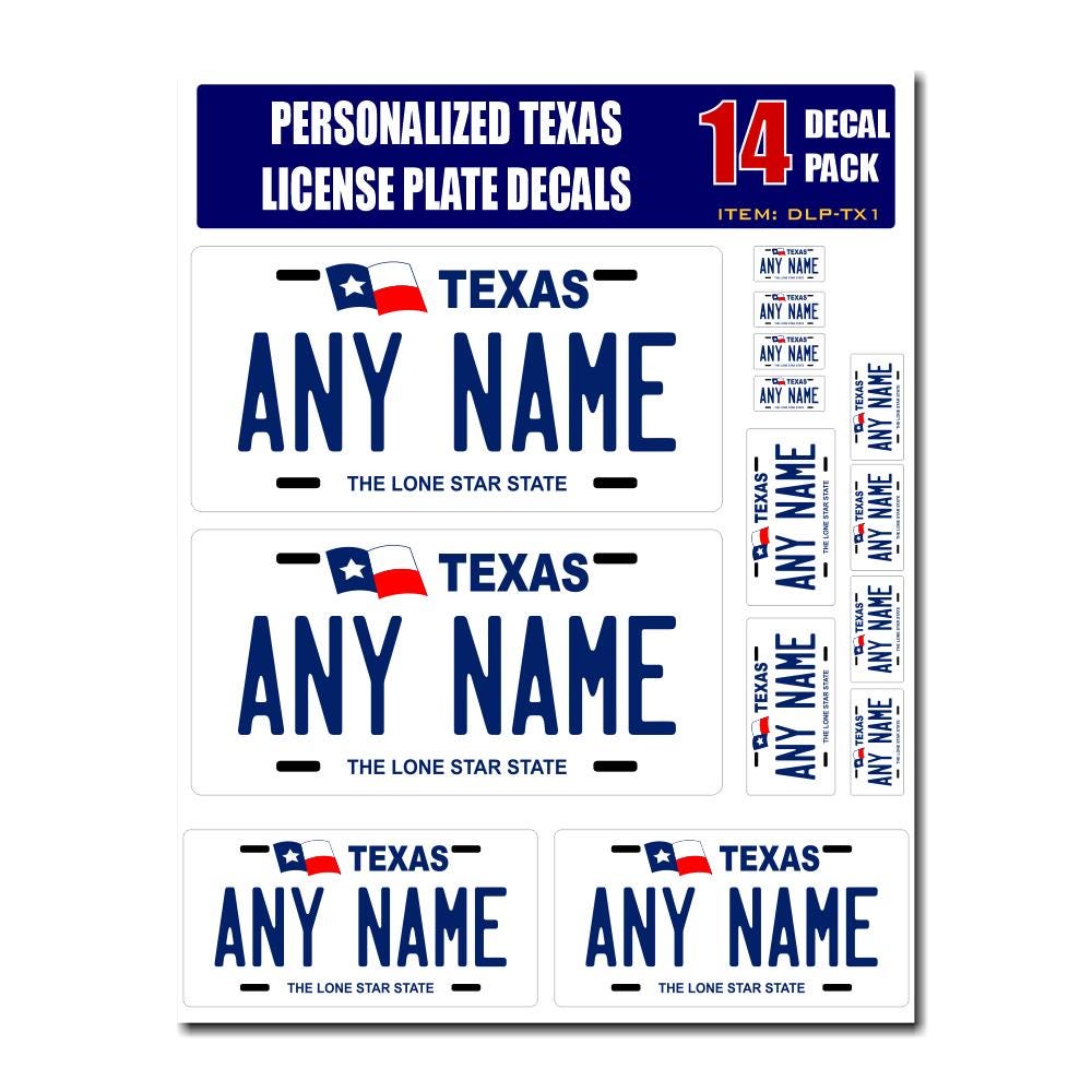 Personalized Texas License Plate Decals - Stickers Version 1 ( Sheet of 14 Stickers )
