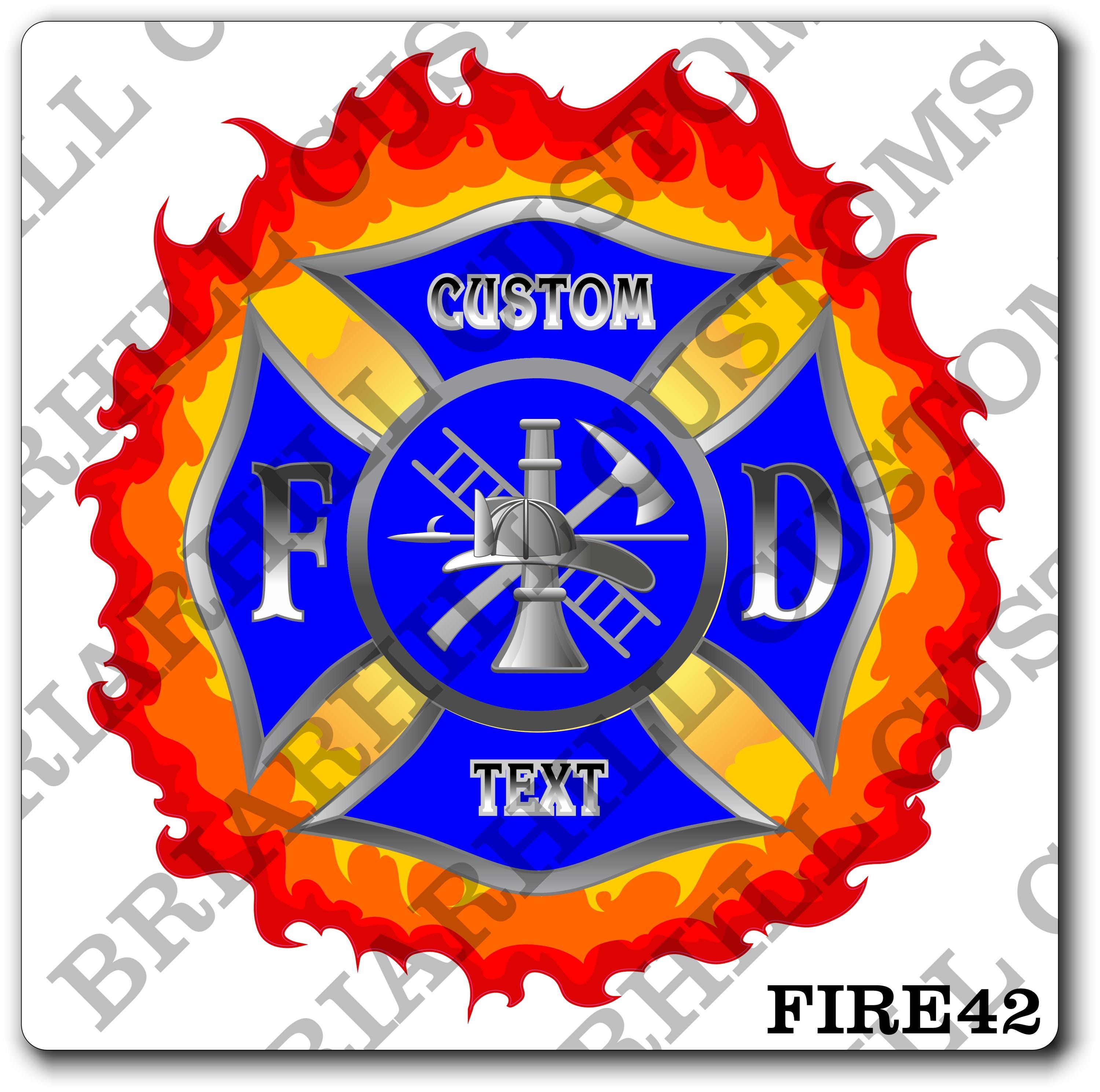 Custom Fire Department Blue and Flames Maltese Decal, Sticker (FireDecal42)