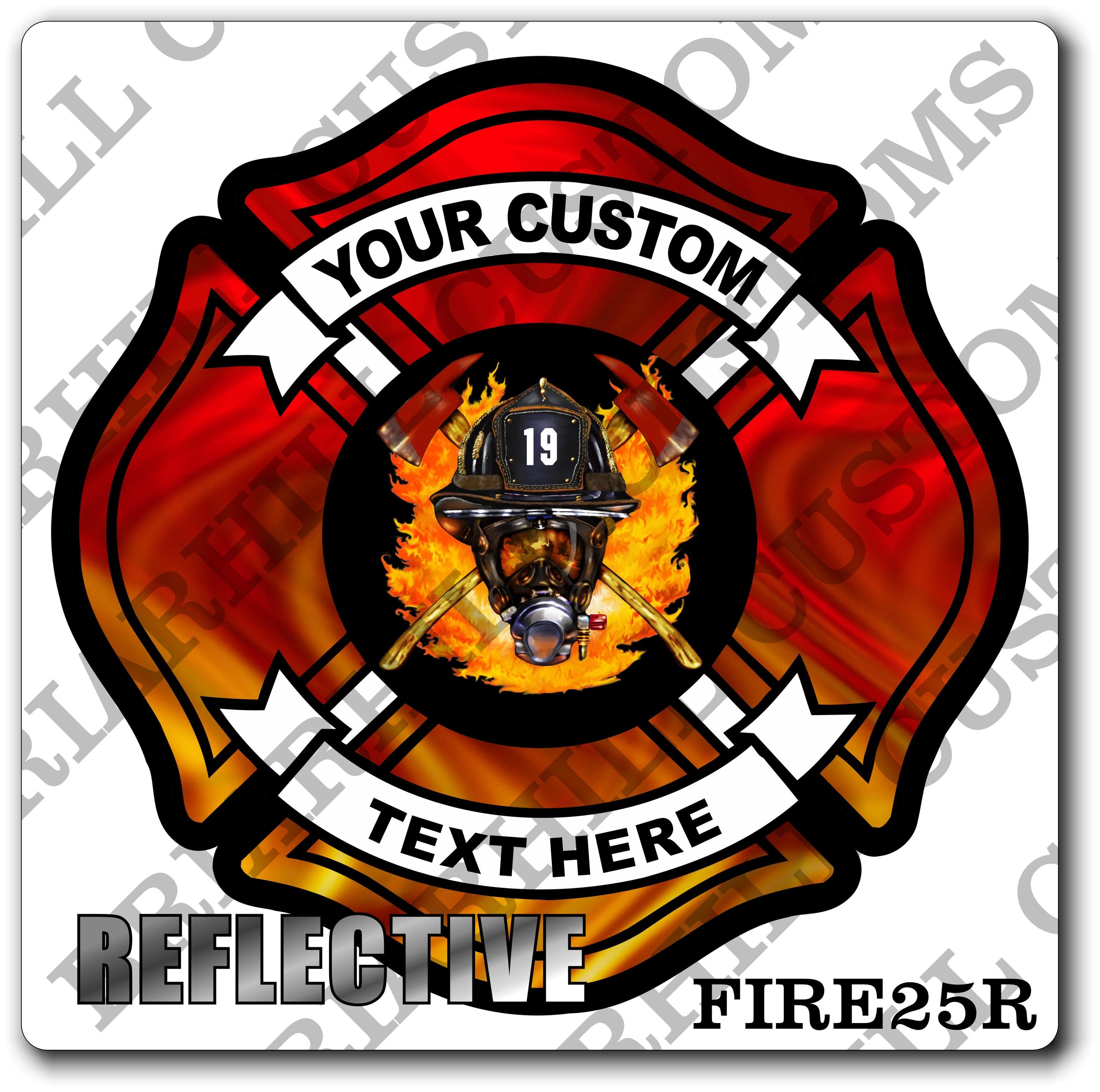 Custom Reflective Fire Department Flames Helmet & Axes Maltese Decal, Sticker (FireDecal25R)