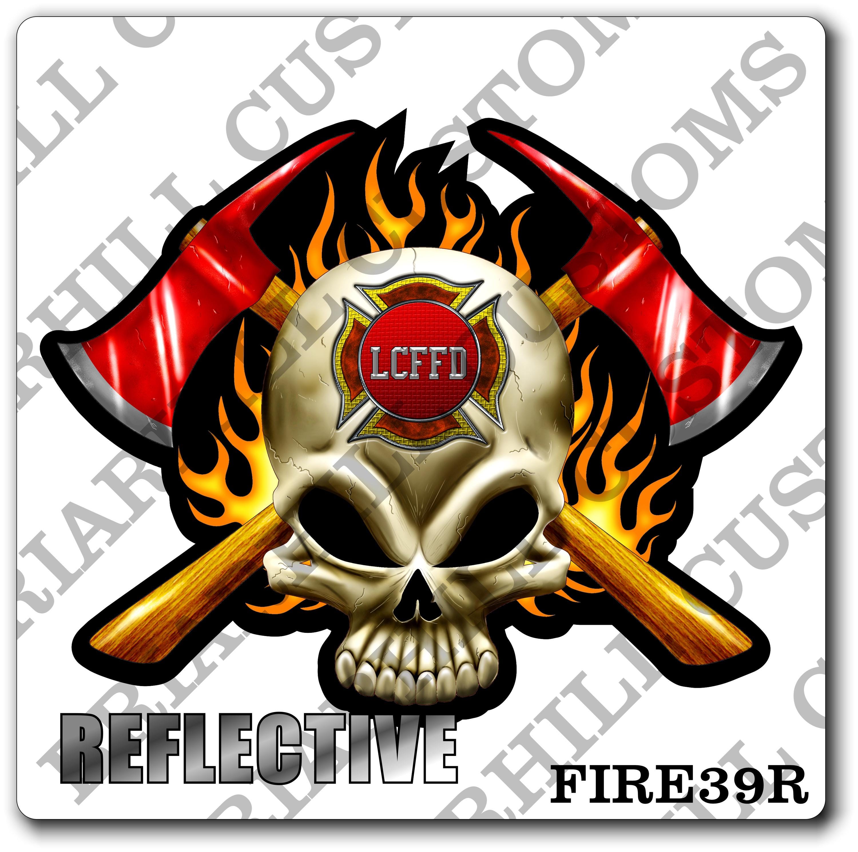 Custom Reflective Fire Department Black Skull & Axes Decal With Flames, Sticker (FireDecal39R)
