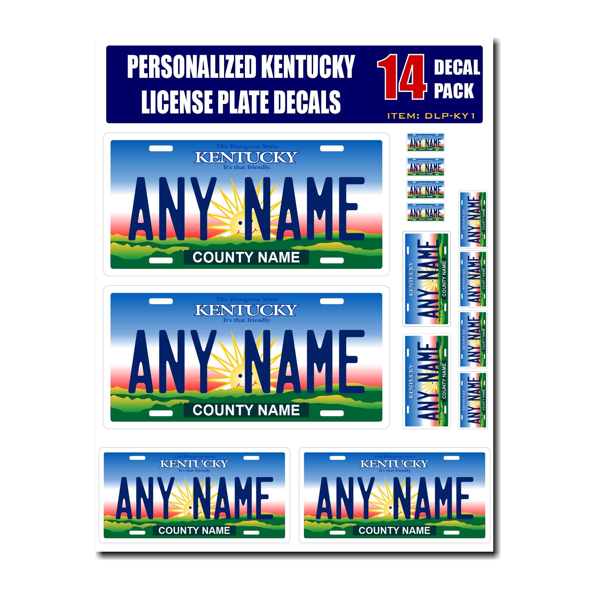 Personalized Kentucky License Plate Decals - Stickers Version 1 ( Sheet of 14 Stickers )