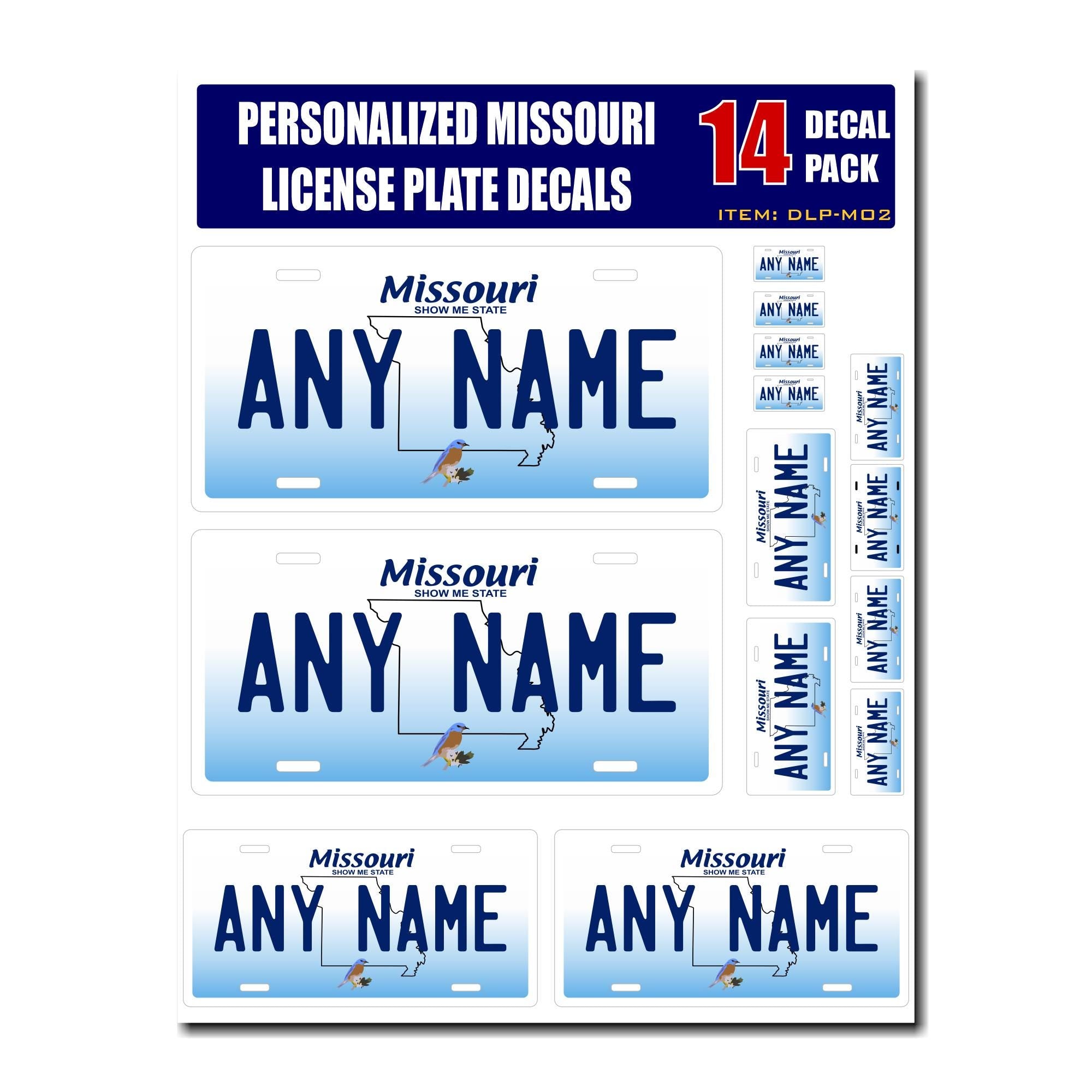 Personalized Missouri License Plate Decals - Stickers Version 2 ( Sheet of 14 Stickers )
