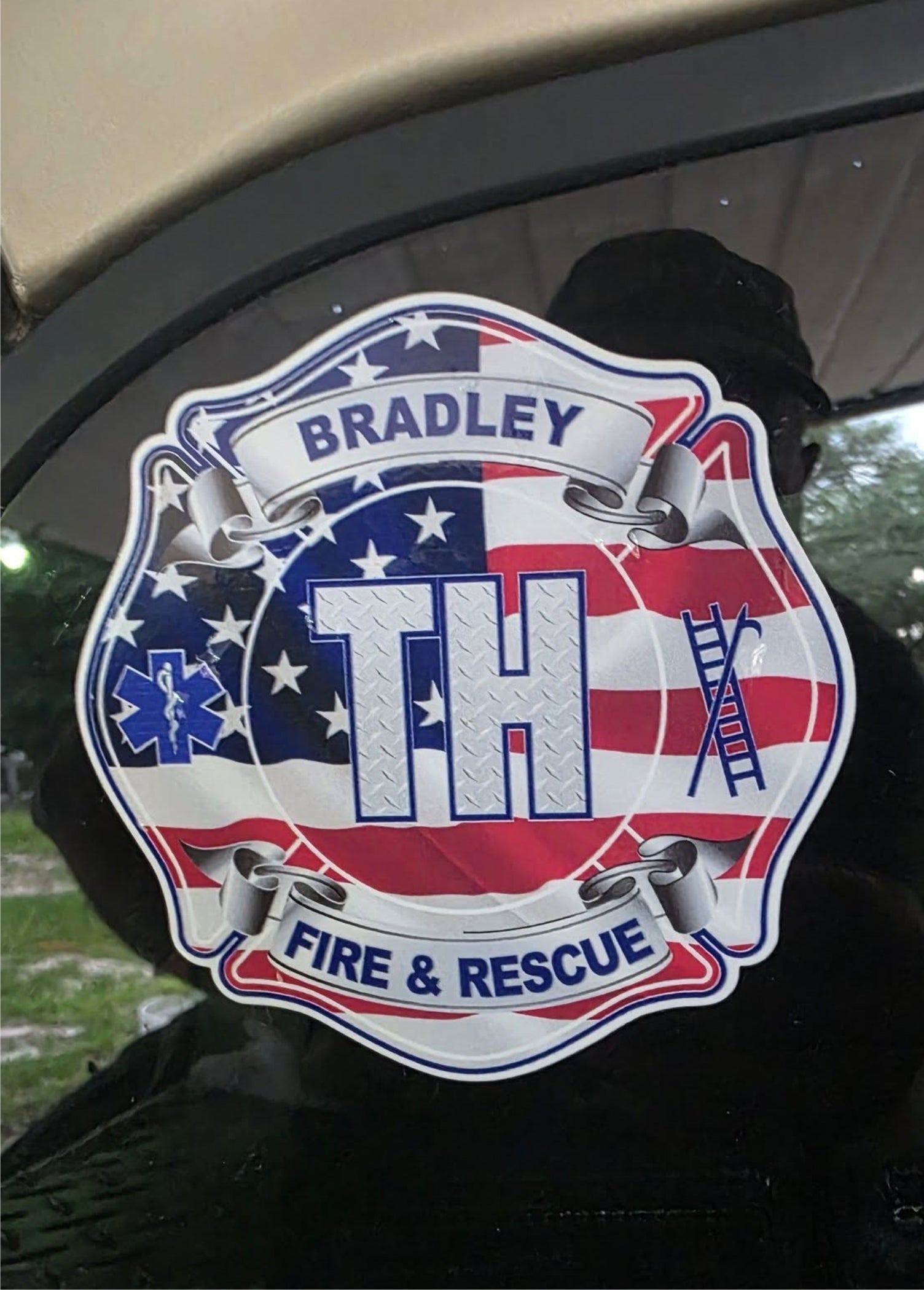 Custom Fire Department American Flag Diamond Plate Maltese Decal, Sticker (FireDecal11)